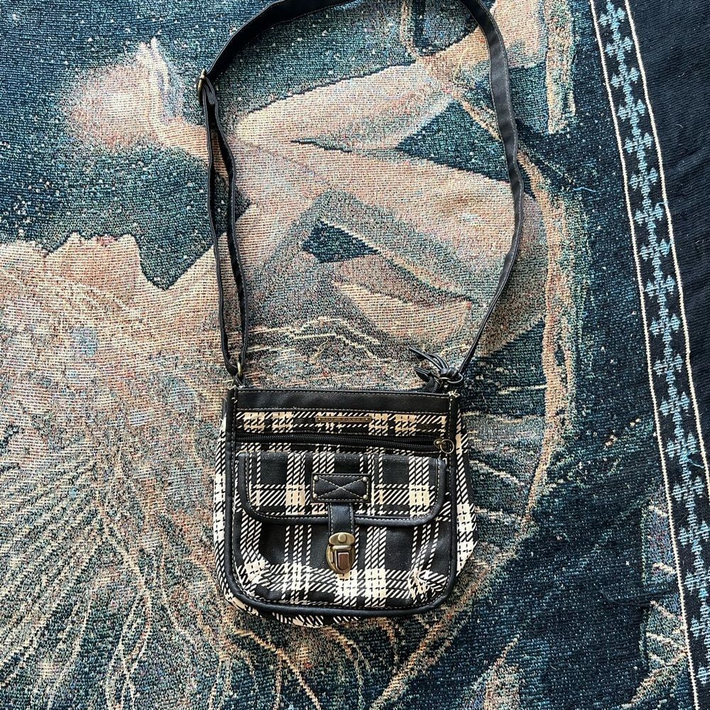 Joe Boxer Plaid Crossbody Bag Black & White Checkered Shoulder Purse Preppy